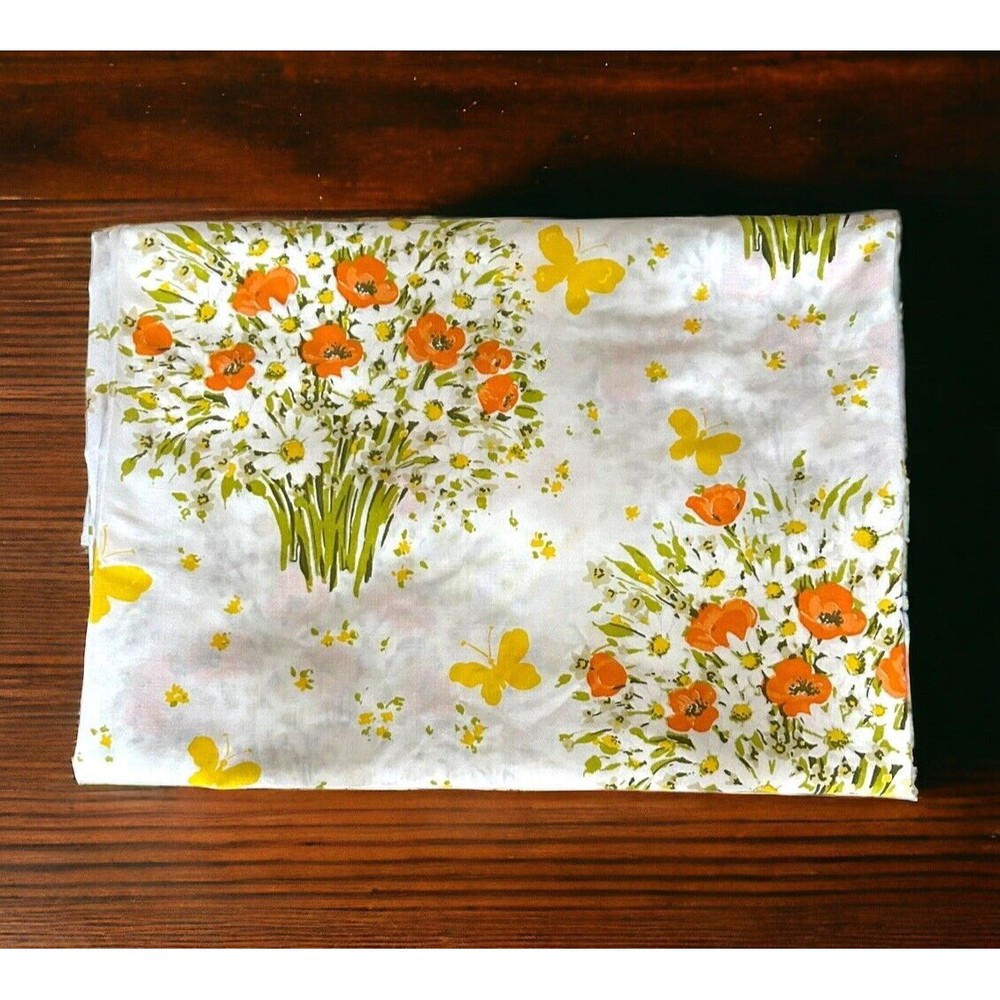 Vtg MORGAN JONES BONNE BOUQUET ORANGE POPPIES Butterflies Full Double Flat Sheet